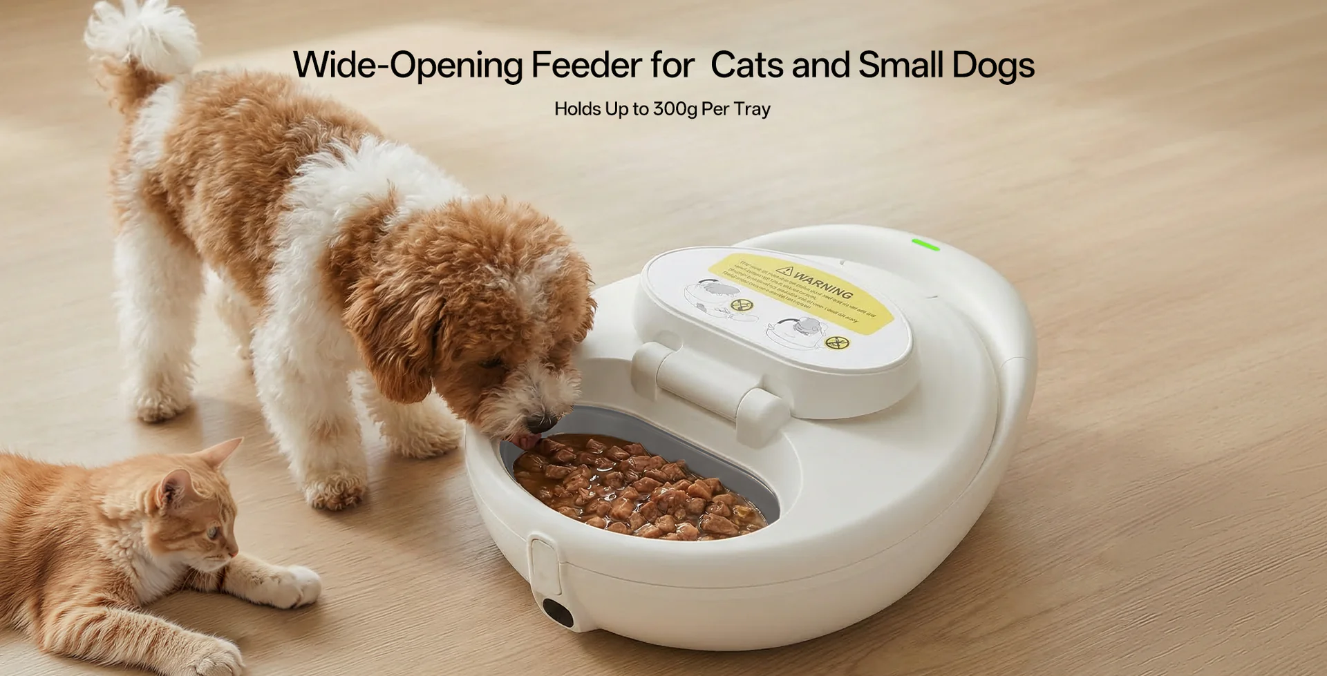 Ein weißer automatischer Tierfutterautomat mit einem kleinen Hund, der frisst, und einer Katze, die zusieht.