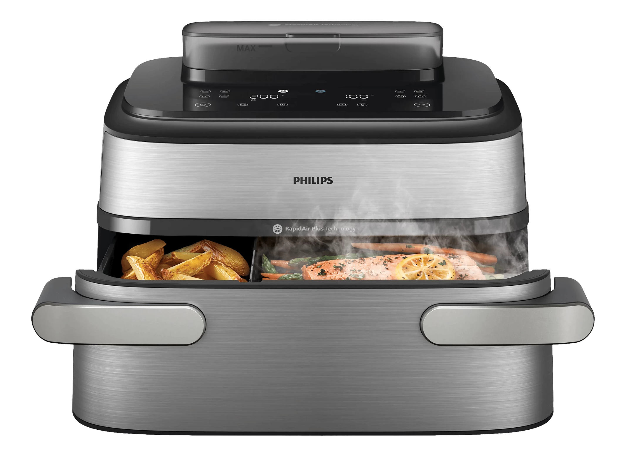 Ein Philips Heißluftfritteusen-Ofen mit Lachs, Gemüse und Kartoffelspalten
