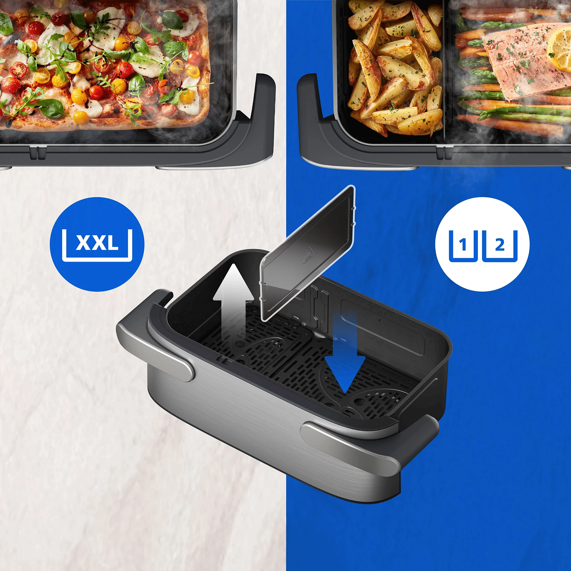 Ein Luftfritteusen-Einsatz mit zwei Fächern, daneben Pizza, Pommes und Lachs mit Gemüse.