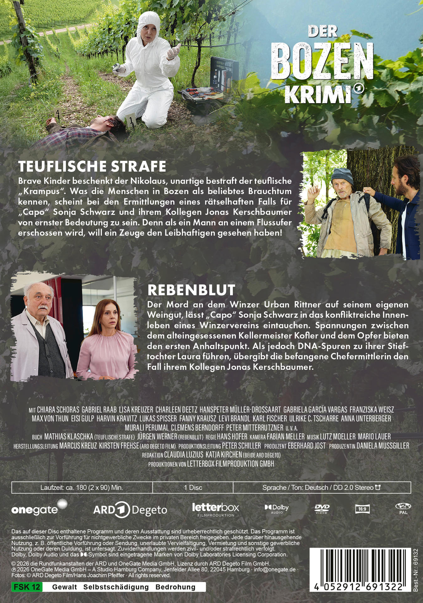 Ein Krimi-Poster mit zwei Szenen: Tatort-Arbeit im Weinberg und zwei Männer im Wald.
