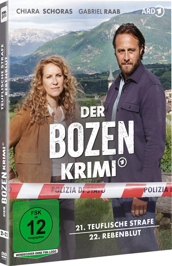 Zwei Ermittler vor Bergkulisse, "Der Bozen Krimi" Logo, Polizeiband.