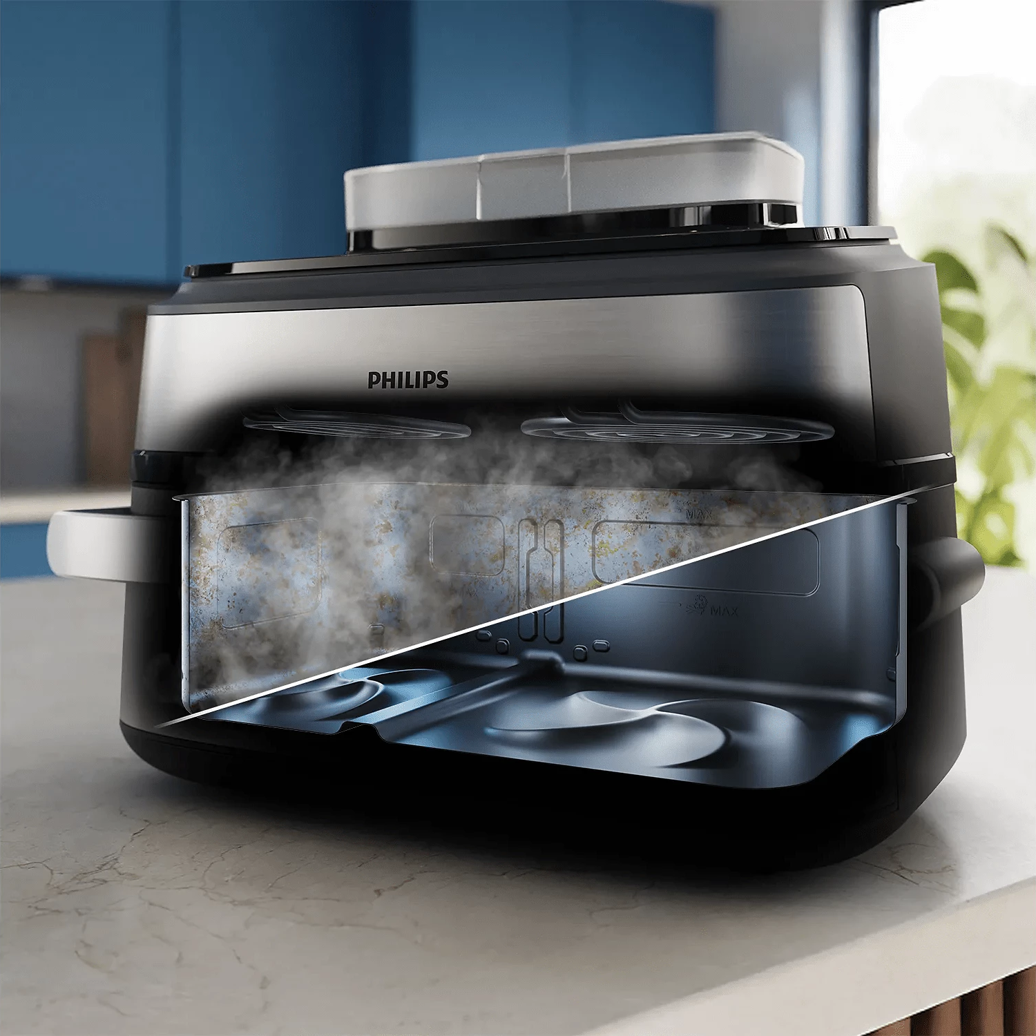 Philips Heißluftfritteuse mit Dampf, die Innenseite ist schmutzig und sauber.