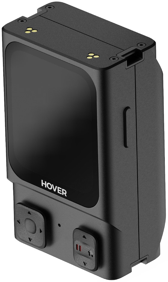 Schwarzes Gimbal mit Bildschirm und Steuertasten, Text 'HOVER'.
