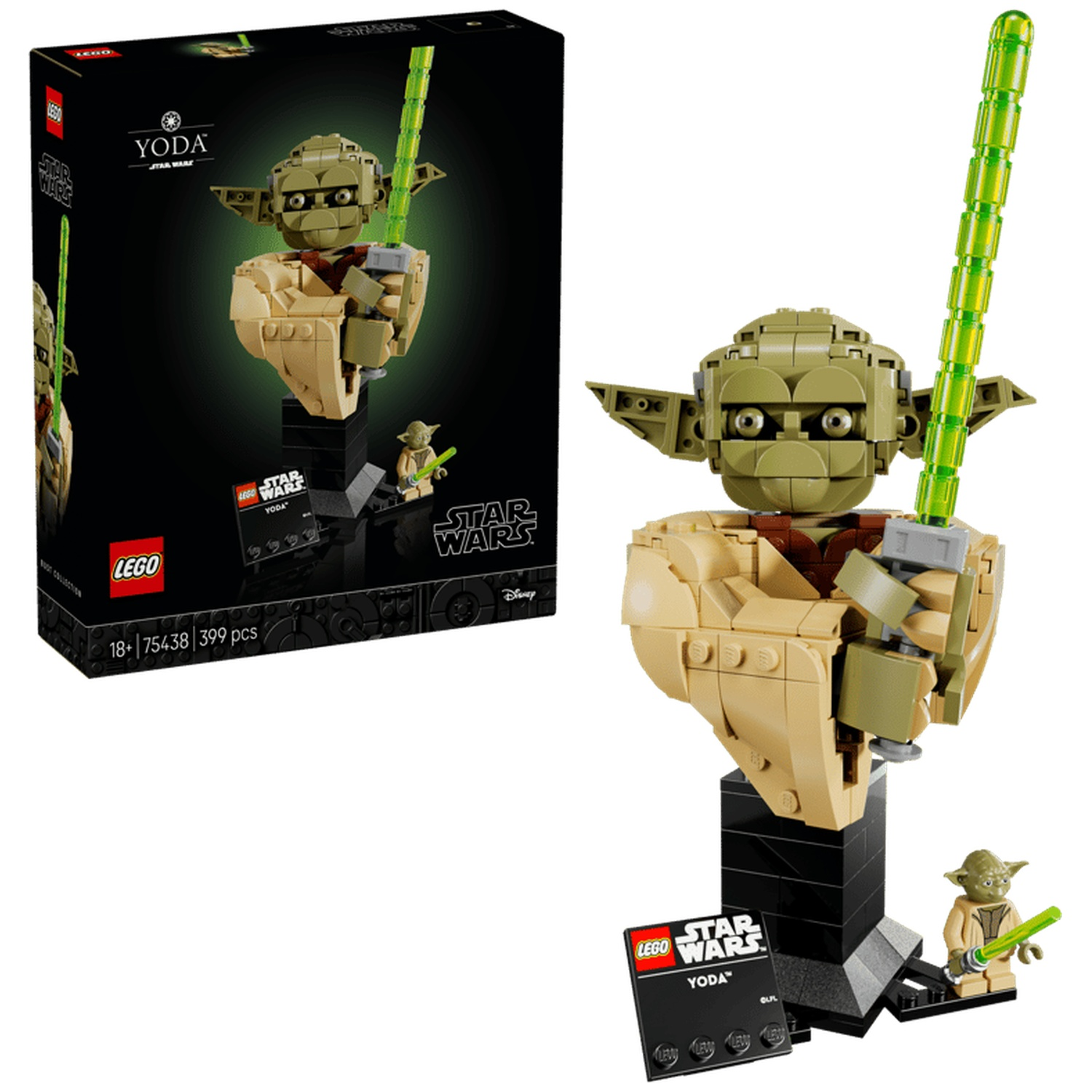 Lego Star Wars Yoda bust with small Yoda figure and lightsaber.