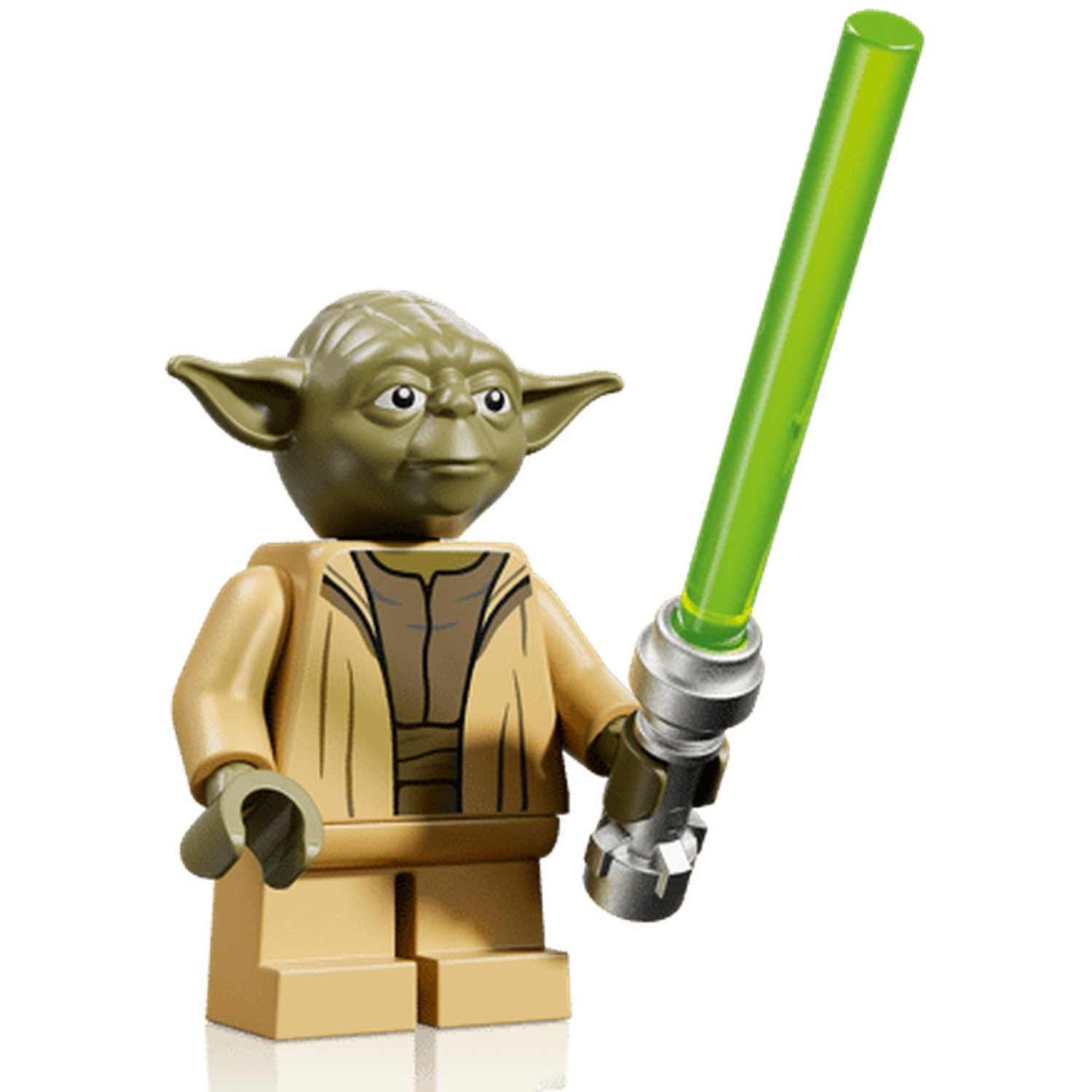 Lego Yoda figure holding a green lightsaber.