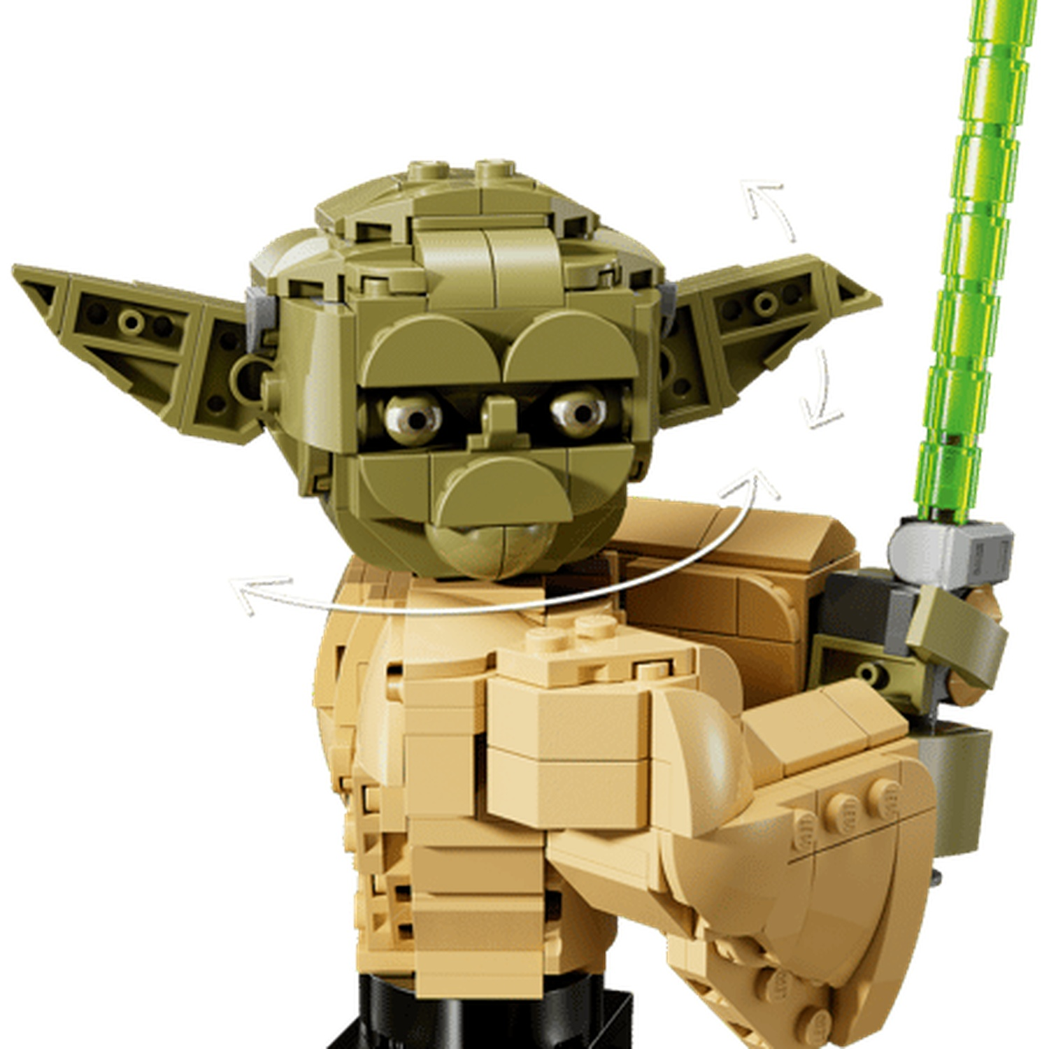 Lego Yoda figure with green lightsaber, white arrows show movement.