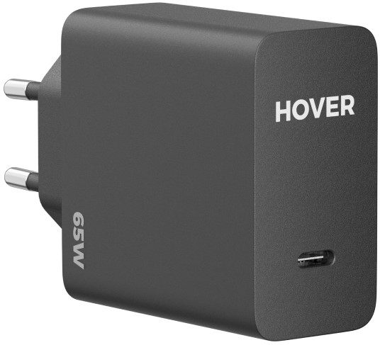 Ein schwarzer 65W HOVER USB-C-Netzadapter mit zwei Metallstiften.