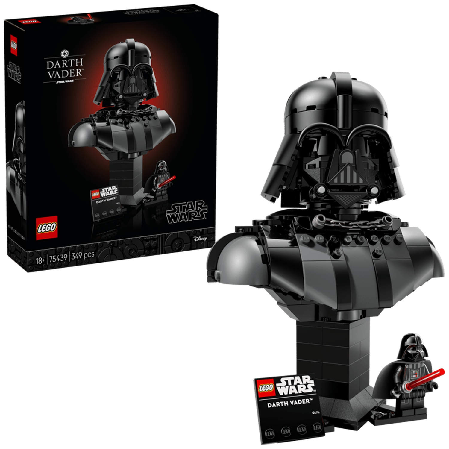 Een zwarte LEGO Darth Vader borstbouwkit met minifiguur en productverpakking.