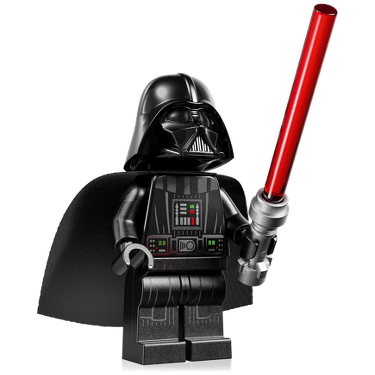 Darth Vader Lego-figuur met rood lichtzwaard en zwarte cape.