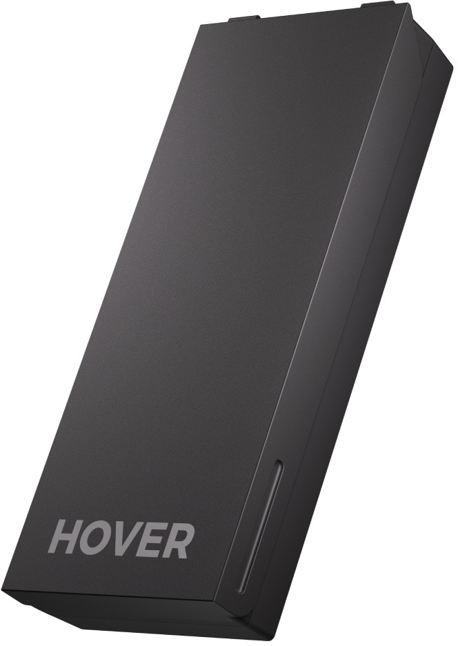 Un objet rectangulaire sombre avec le mot « HOVER ».