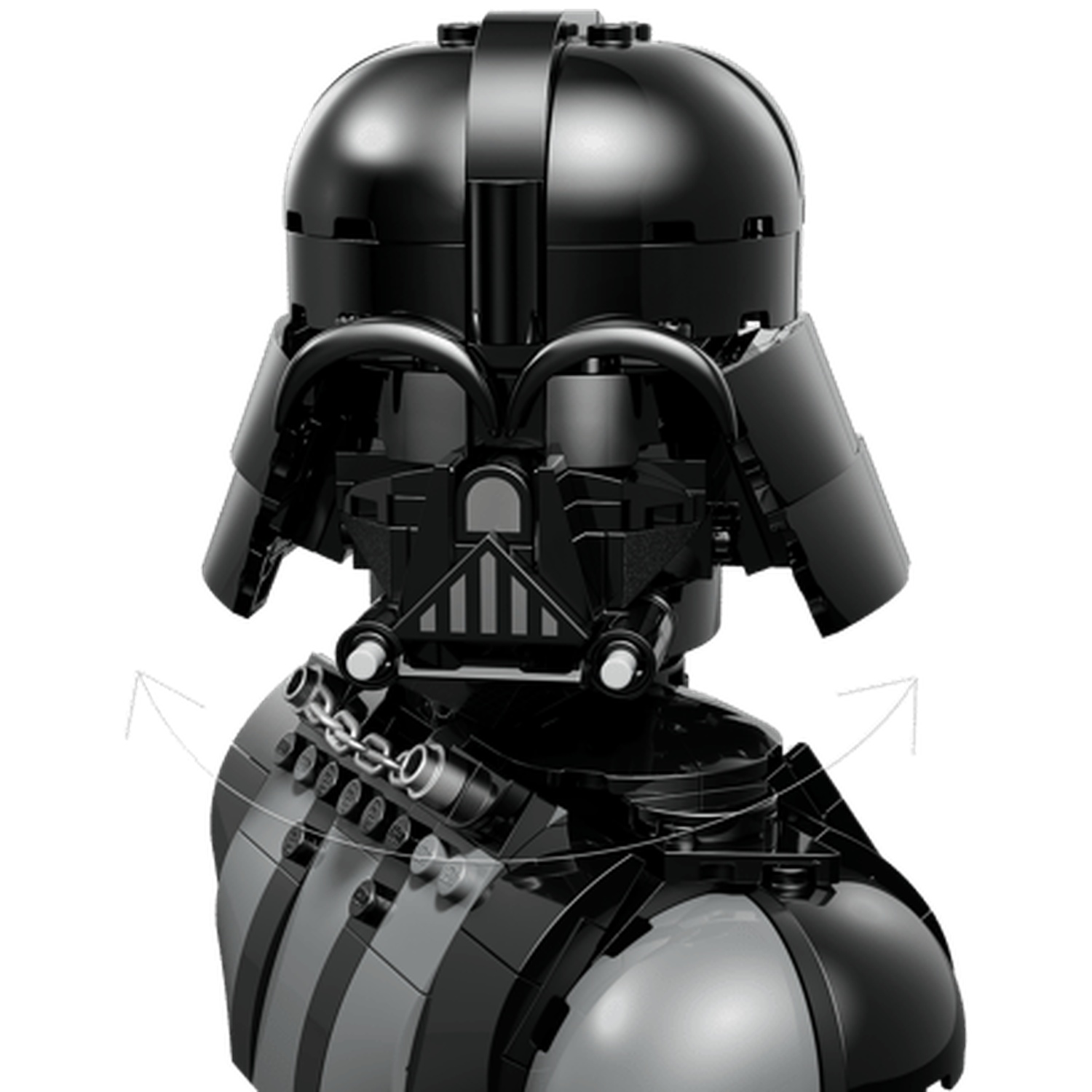 Gedetailleerd zicht op Darth Vader's zwarte helm en borstplaat van LEGO-stenen.