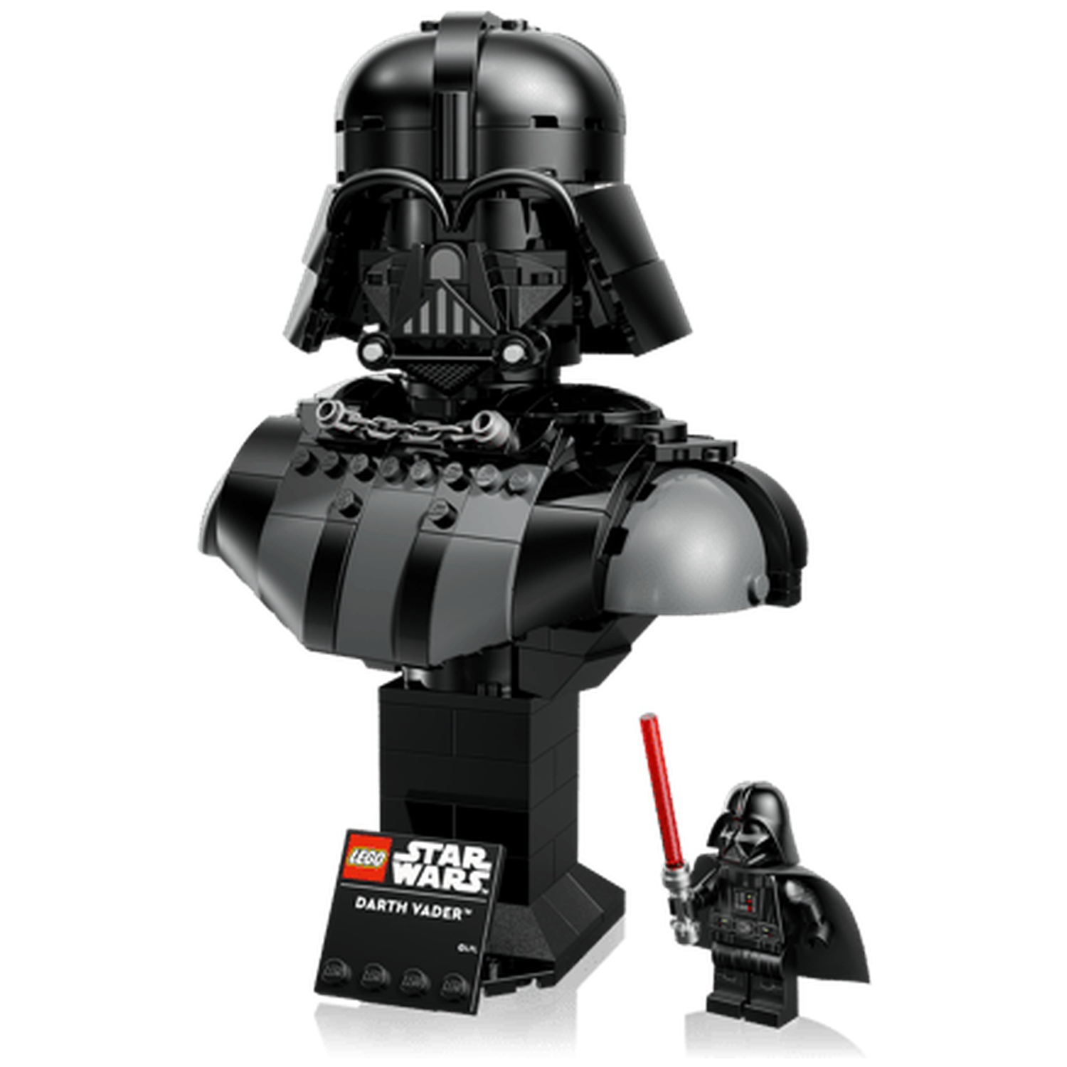 Lego Darth Vader buste met minifiguur en rood lichtzwaard op witte achtergrond.