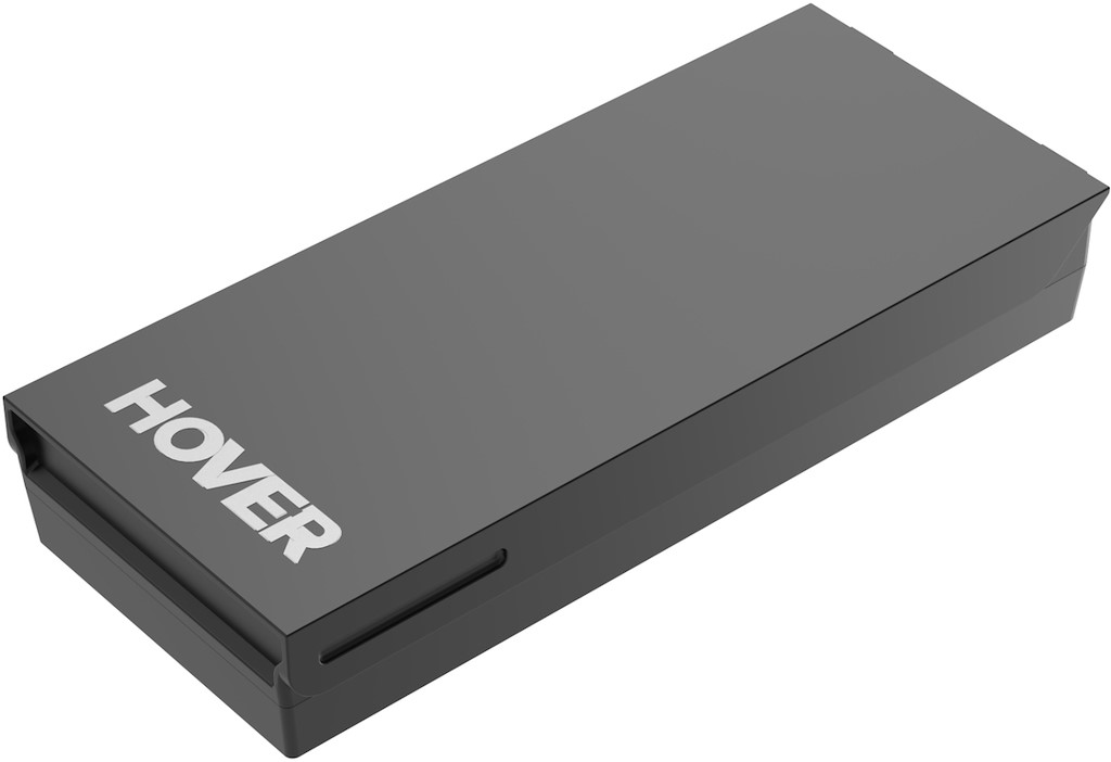 Une boîte rectangulaire noire avec le mot HOVER en lettres blanches.