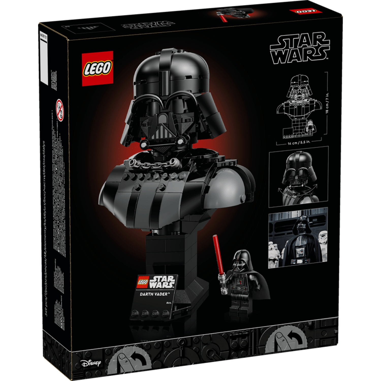 LEGO Star Wars Darth Vader buste set doos met minifiguur en productafmetingen.