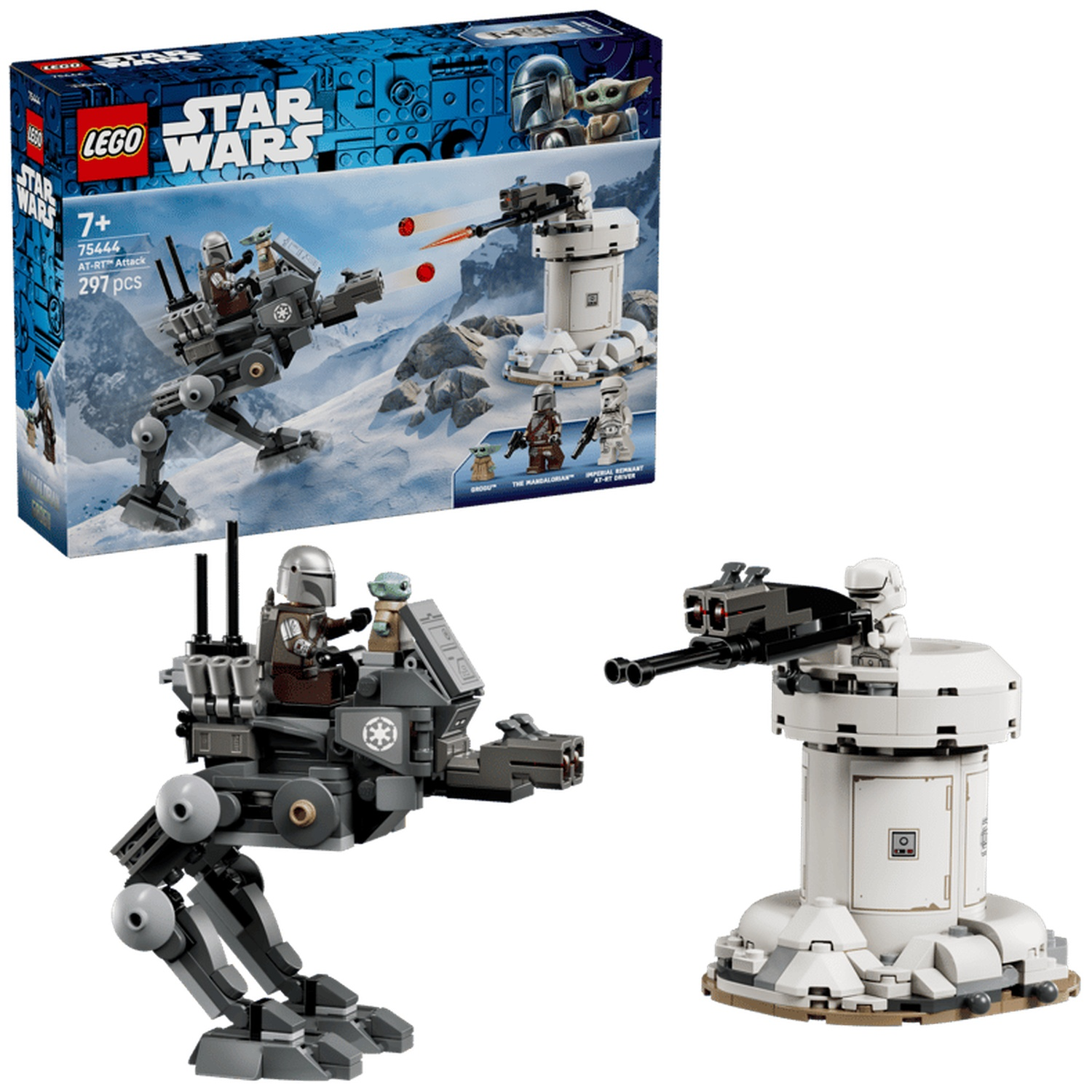A Lego set featuring the Mandalorian, Grogu, an AT-RT walker, and a turret.