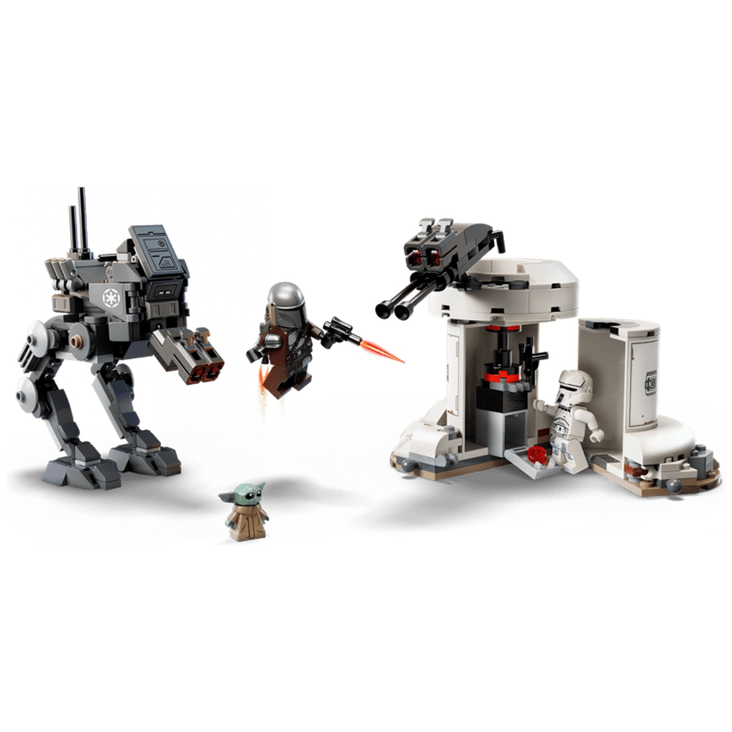 Lego scene: Mandoverse battle with walker, Mandos, Grogu, and a turret.