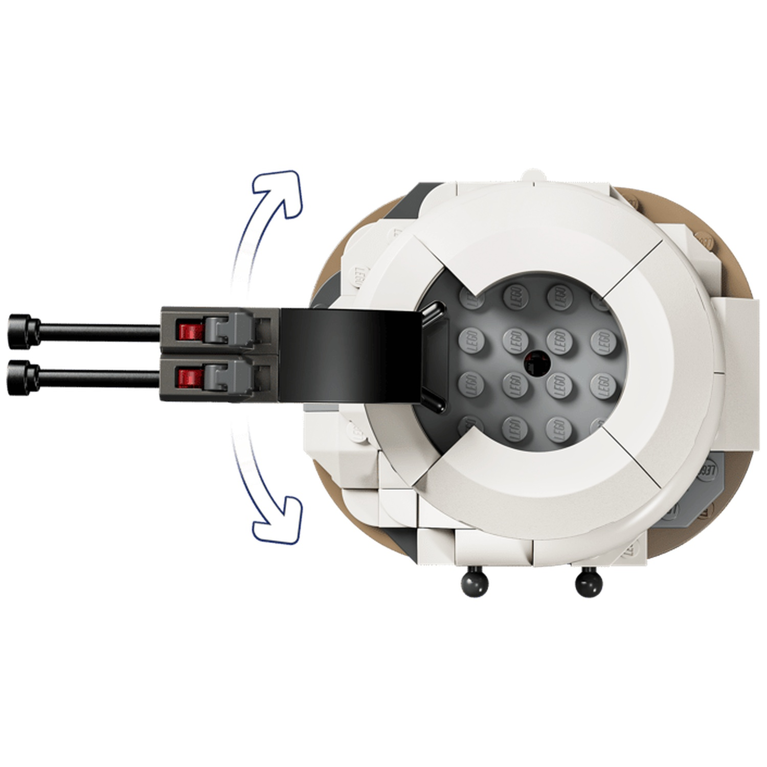 Close-up of a round Lego object with two guns and arrows indicating rotation.