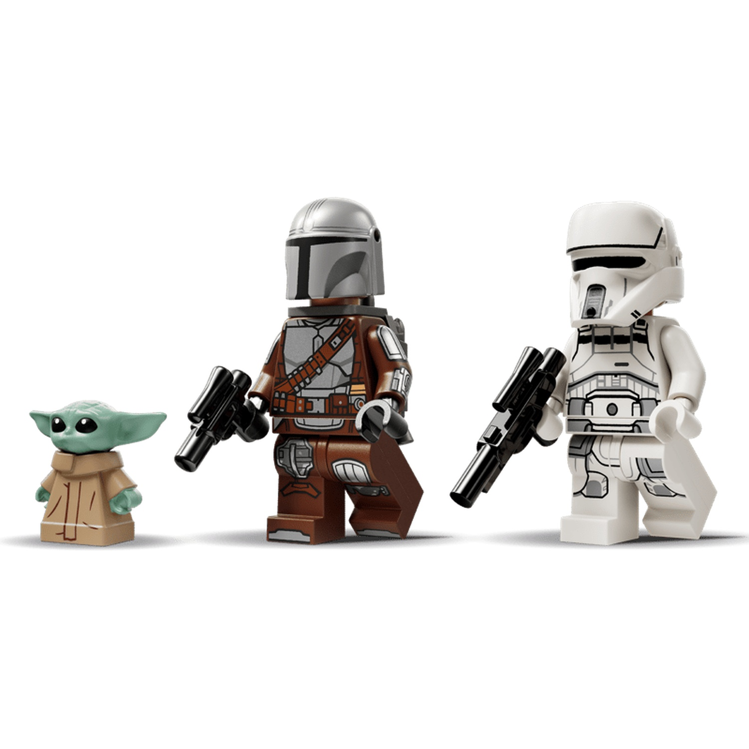 Three Lego figures: Baby Yoda, Mandalorian, and a white Stormtrooper with blasters.