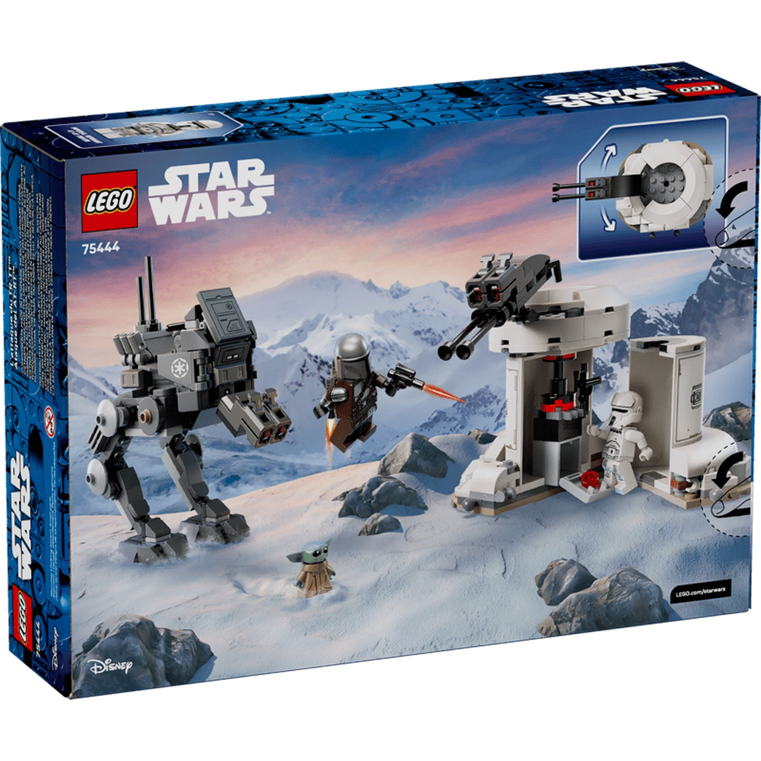 Lego Star Wars box art shows AT-ST walker, Mandalorian, Grogu, and snow fort on snowy planet.