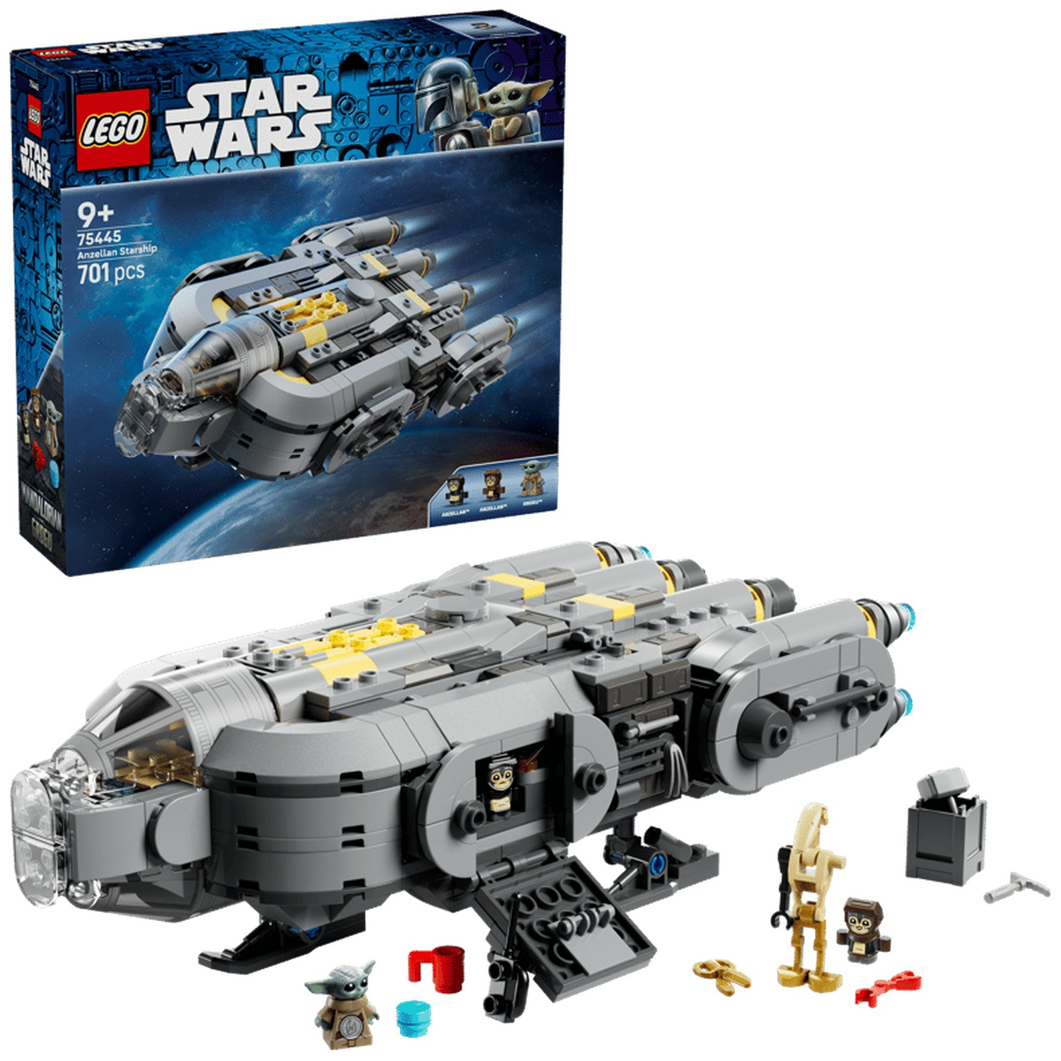 LEGO Star Wars Anzellan Starship set with figures and accessories on white background.
