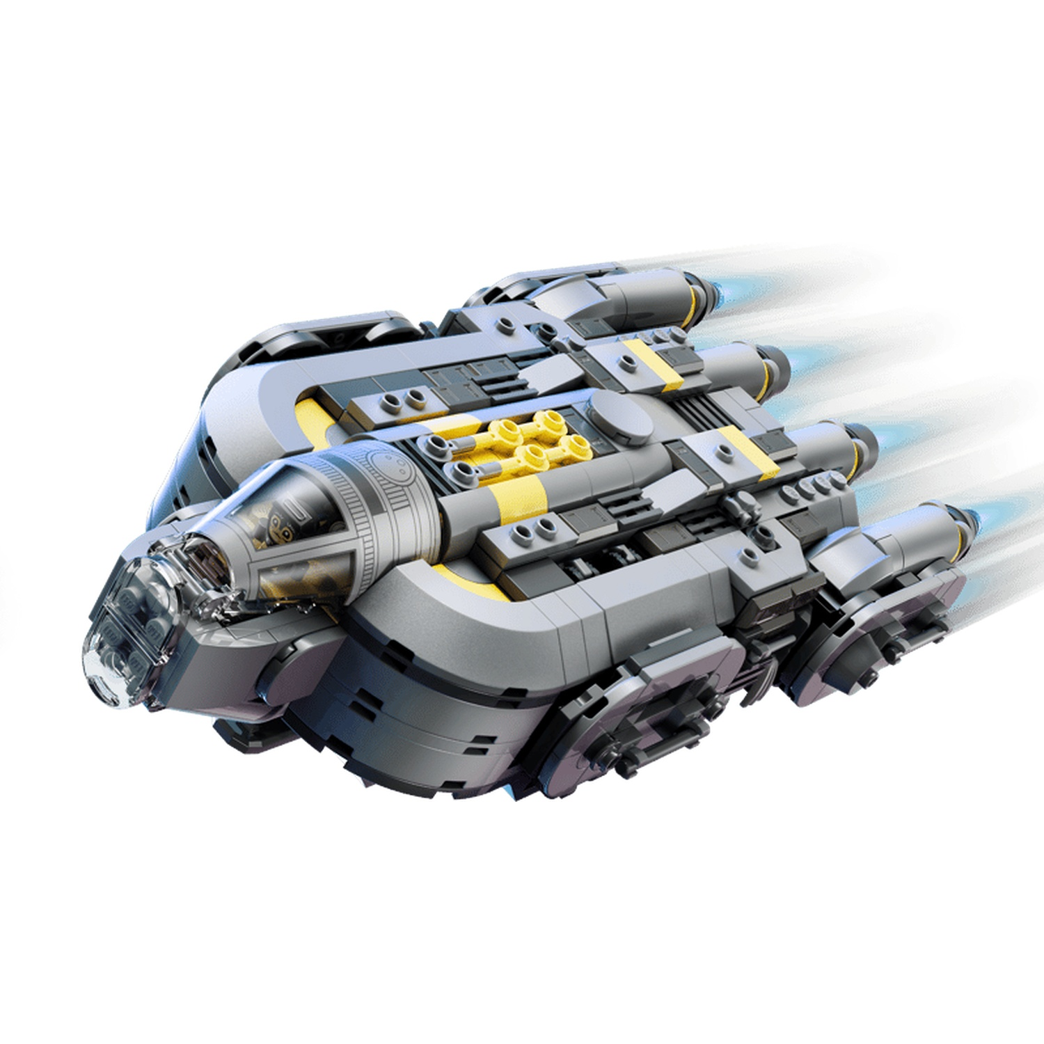 Gray spaceship with yellow accents flies fast with blue engine trails.