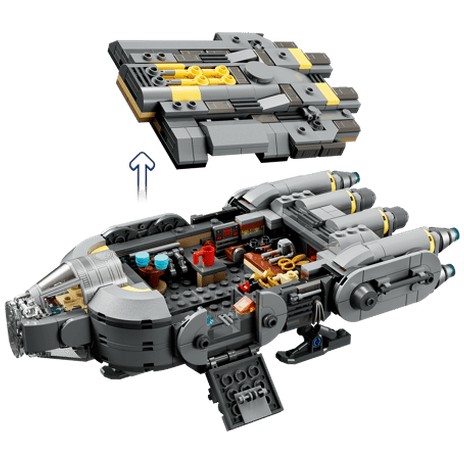 A grey Lego spaceship with yellow accents, open for detailed view.
