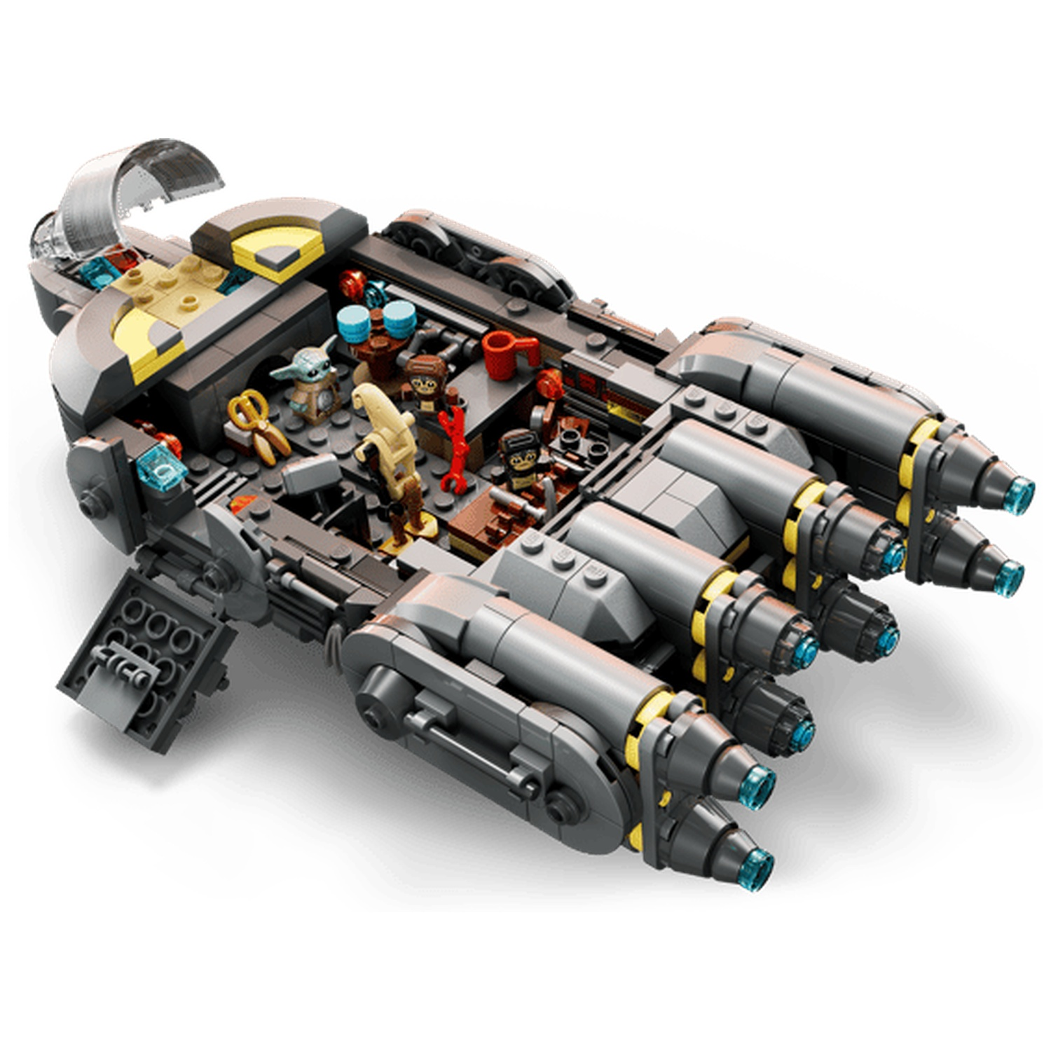 Gray spaceship model with yellow accents and figures inside.