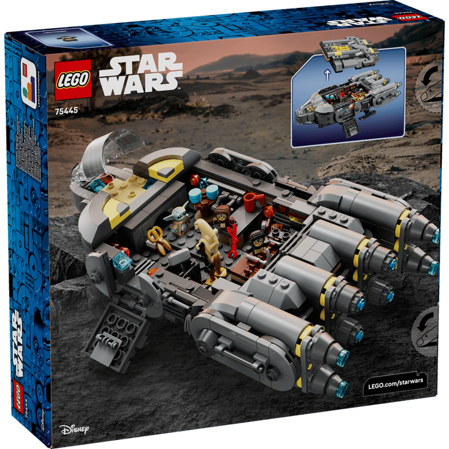 Lego Star Wars spaceship with figures on rocky terrain.
