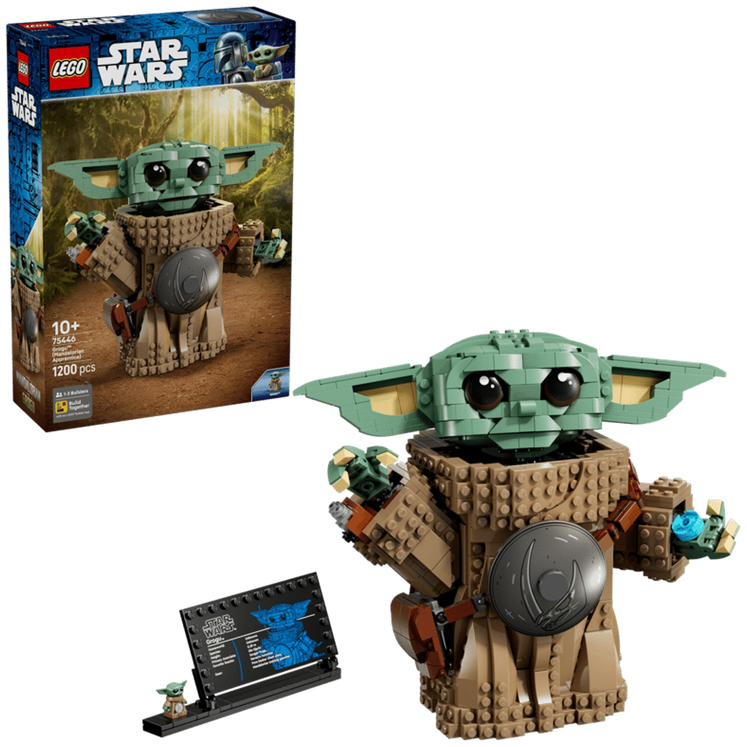Lego Star Wars Grogu set with box and model. Small figure stands beside it.