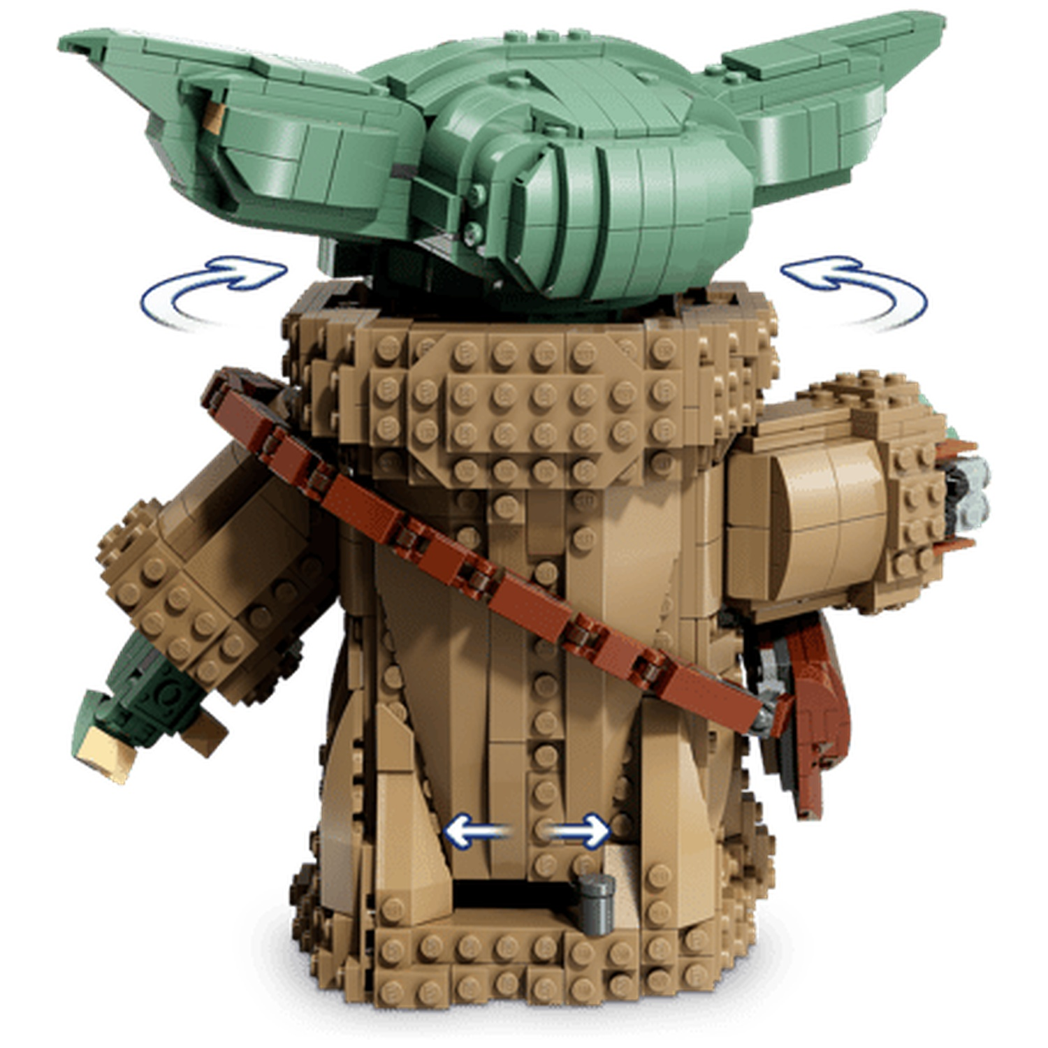 A Lego model of Baby Yoda wearing a brown robe and green ears.