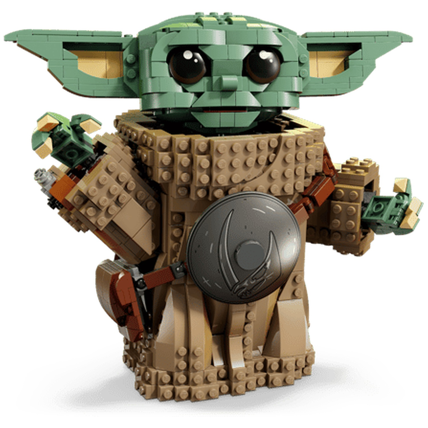 A green Lego figure of Grogu with large ears and dark eyes, wearing a brown robe.