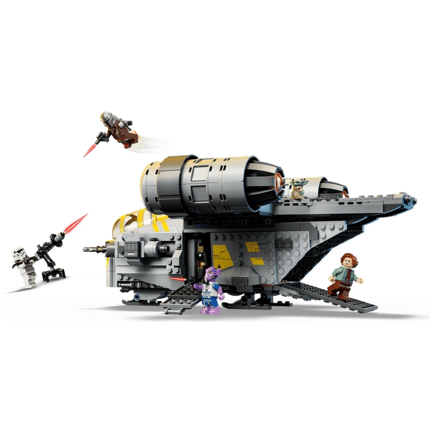 Lego spaceship with figures: Mandalorian, Grogu, Stormtrooper, and more.