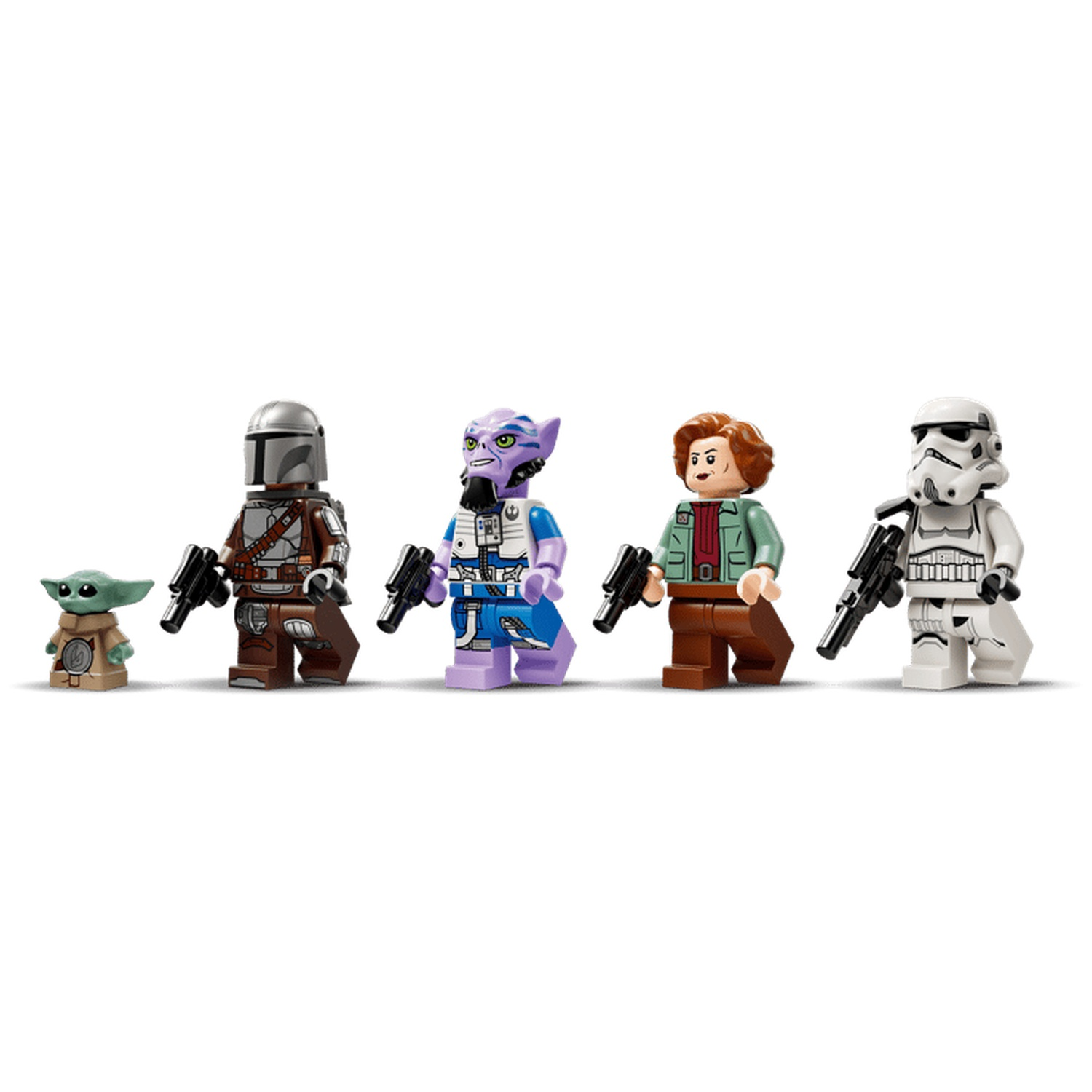 Green creature, Mandalorian, blue alien, woman, stormtrooper with blasters.
