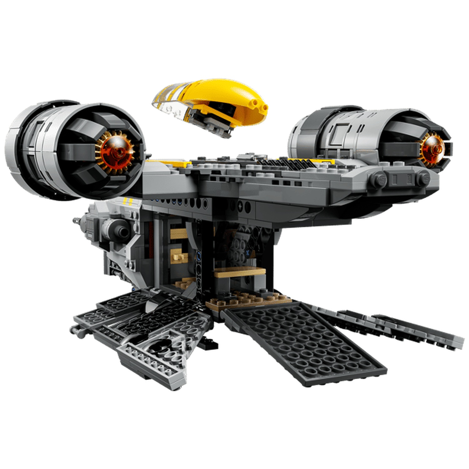 Grey Lego spaceship with yellow pod and deployable ramps.