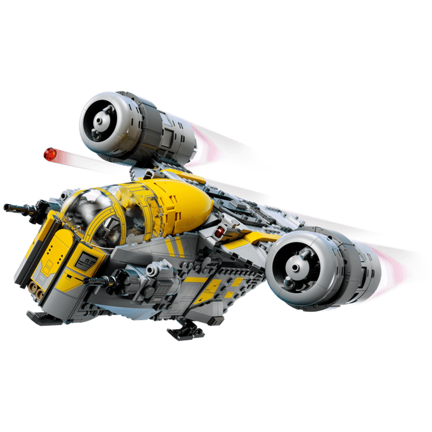 A yellow and gray spaceship with two engines flies left, with a red light trail.