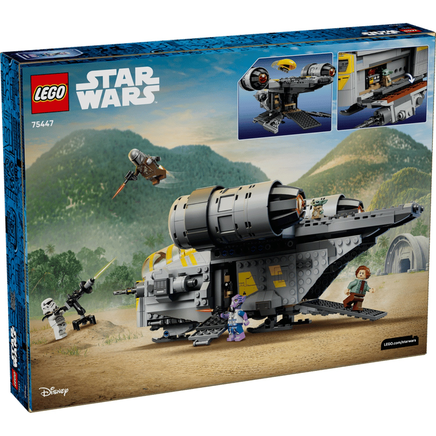 Lego Star Wars box: Mandalorian ship, figures, desert, mountains.