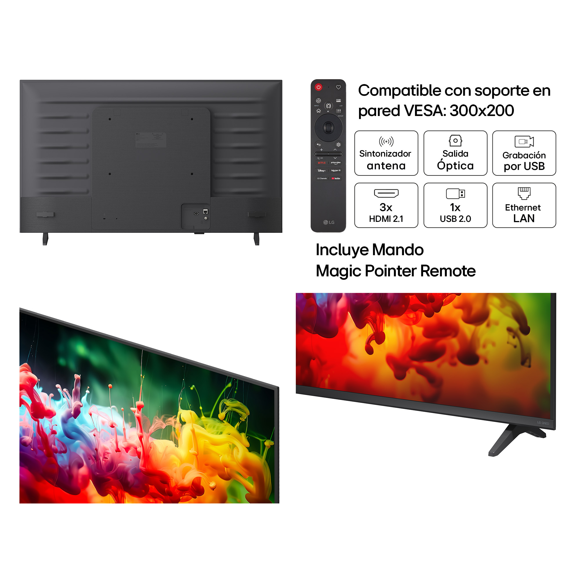 Parte trasera de TV, control remoto y puertos. Pantalla muestra tinta colorida.