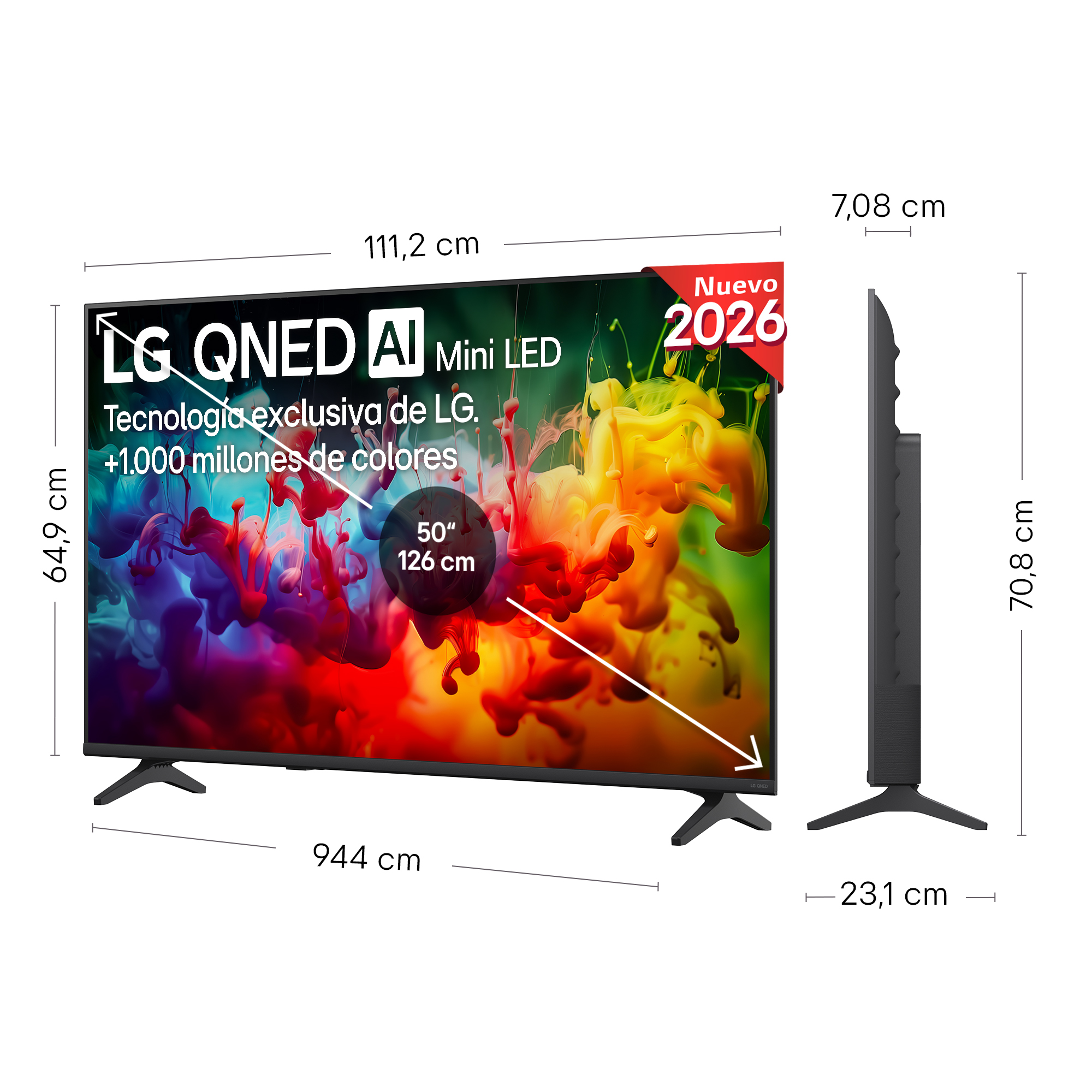 TV LG QNED de 50 pulgadas con tecnología Mini LED, medidas 111,2x64,9x7,08 cm.