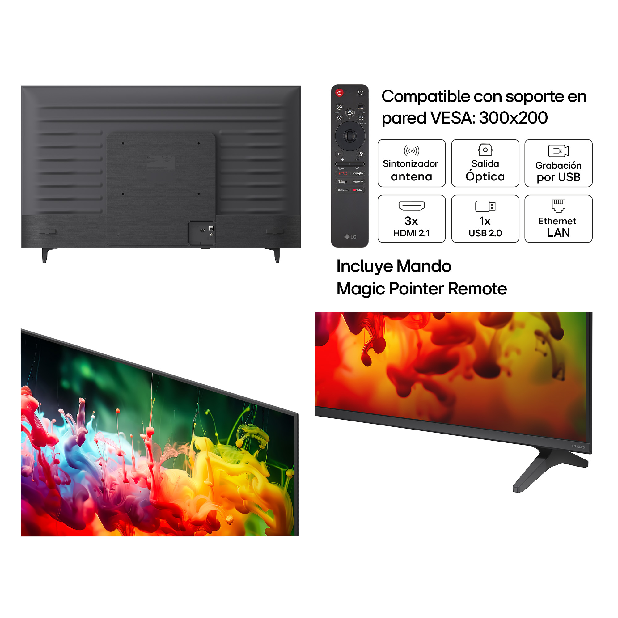 Reverso de TV negra con puertos y detalle de mando a distancia.