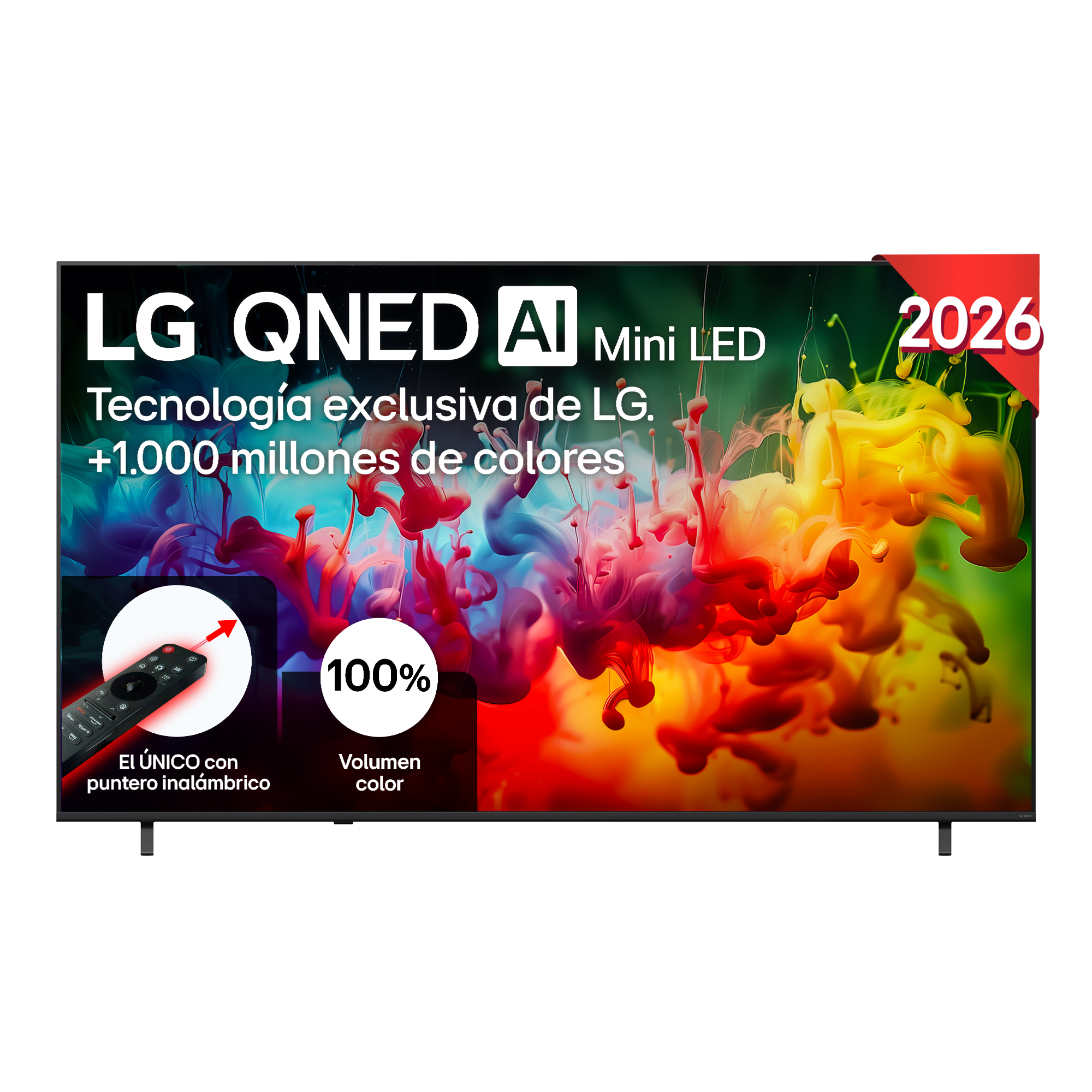 TV LG QNED AI Mini LED con 1000 millones de colores, mando y logo 2026.