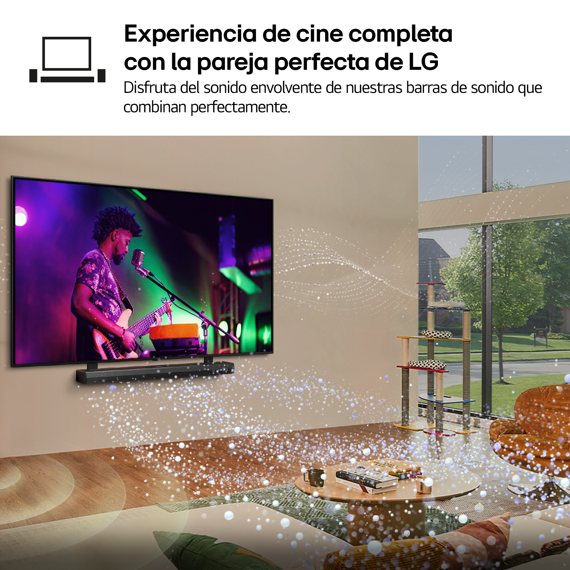 Experiencia de cine completa con la pareja perfecta de LG. Disfruta del sonido envolvente de nuestras barras de sonido que combinan perfectamente.