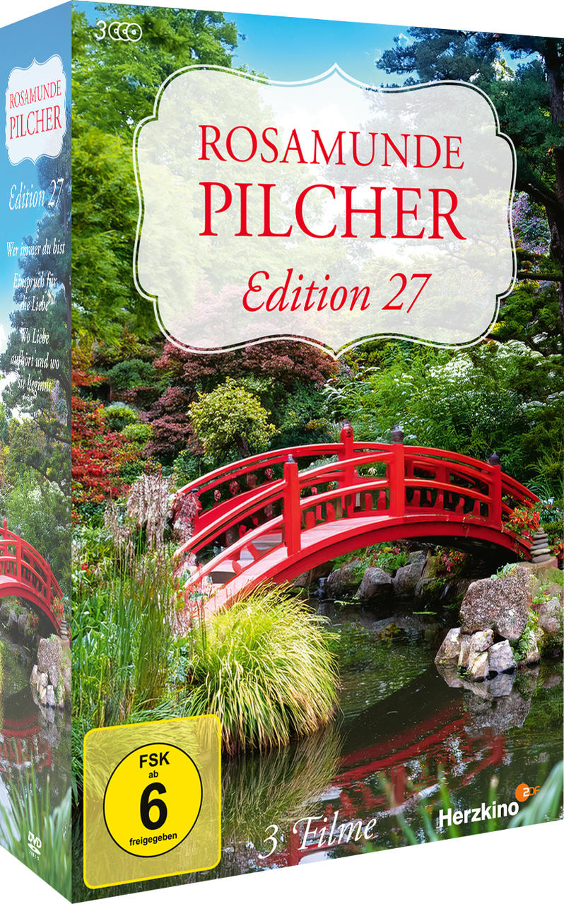 Eine DVD-Hülle mit einem japanischen Garten, einer roten Brücke und dem Titel Rosamunde Pilcher.