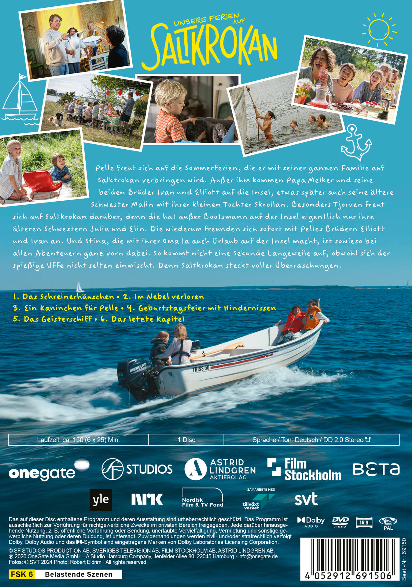 Filmcover "Unsere Ferien auf Saltkrokan" mit Collage aus Szenen und Boot.