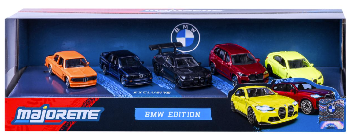Sechs Majorette BMW Spielzeugautos in verschiedenen Farben und Modellen.