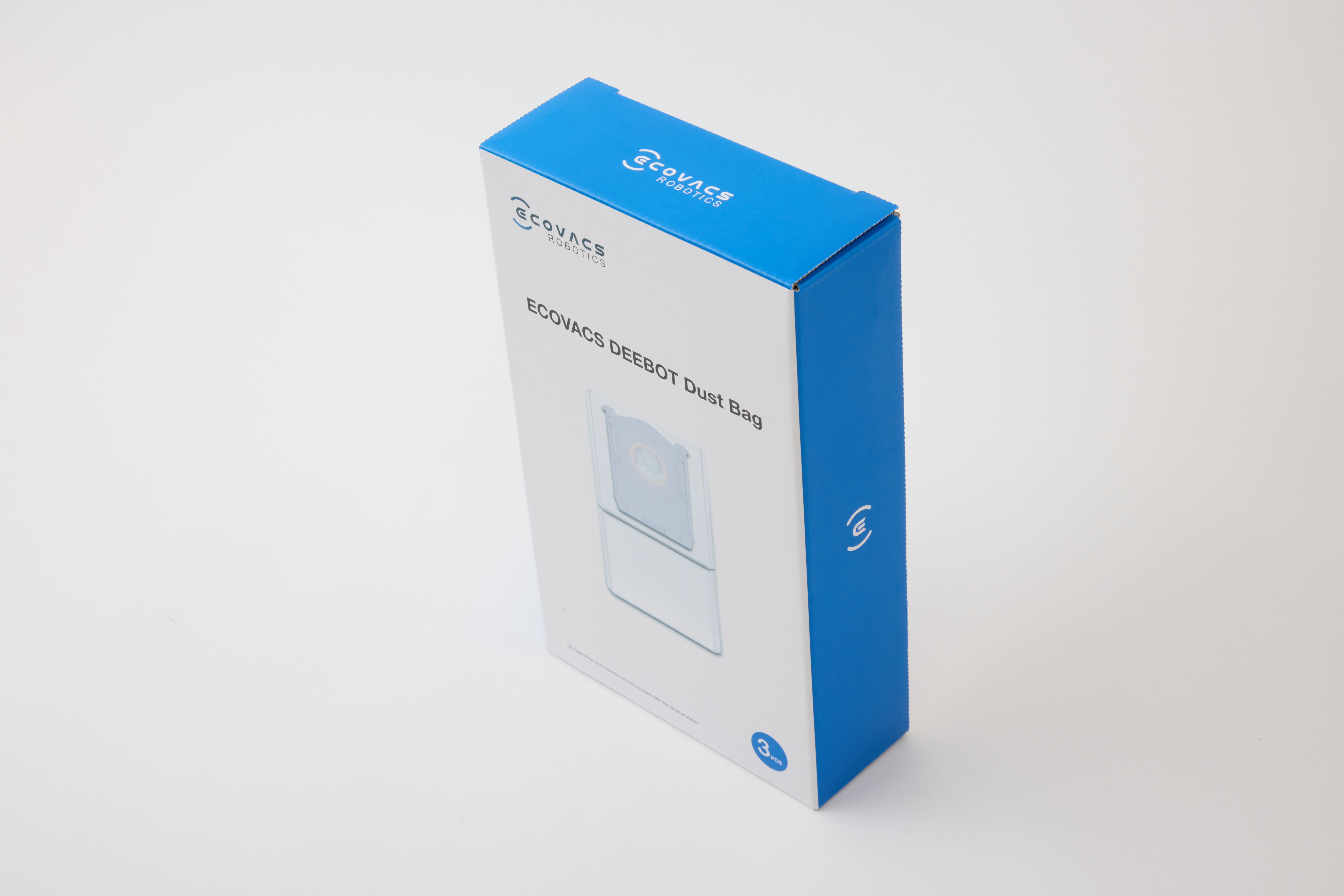 Verpackung für ECOVACS DEEBOT Staubbeutel, blau und weiß, mit Produktbild.