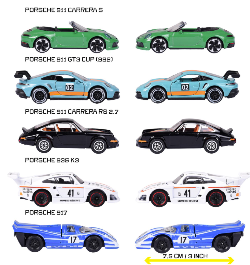 Sechs Porsche-Spielzeugautos in verschiedenen Farben und Modellen.