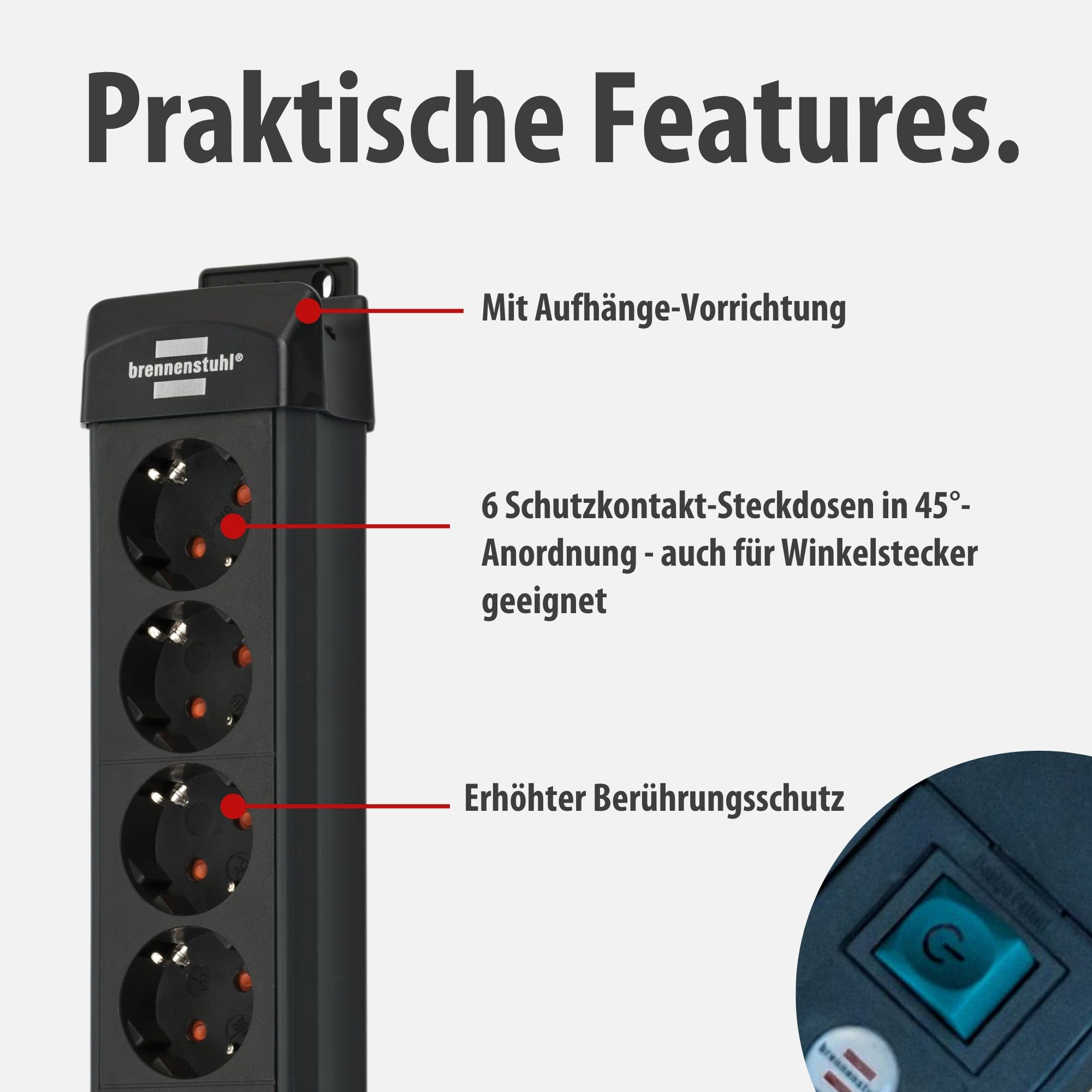 Schwarze Steckdosenleiste mit 6 Steckplätzen, Aufhängung und Schalter.