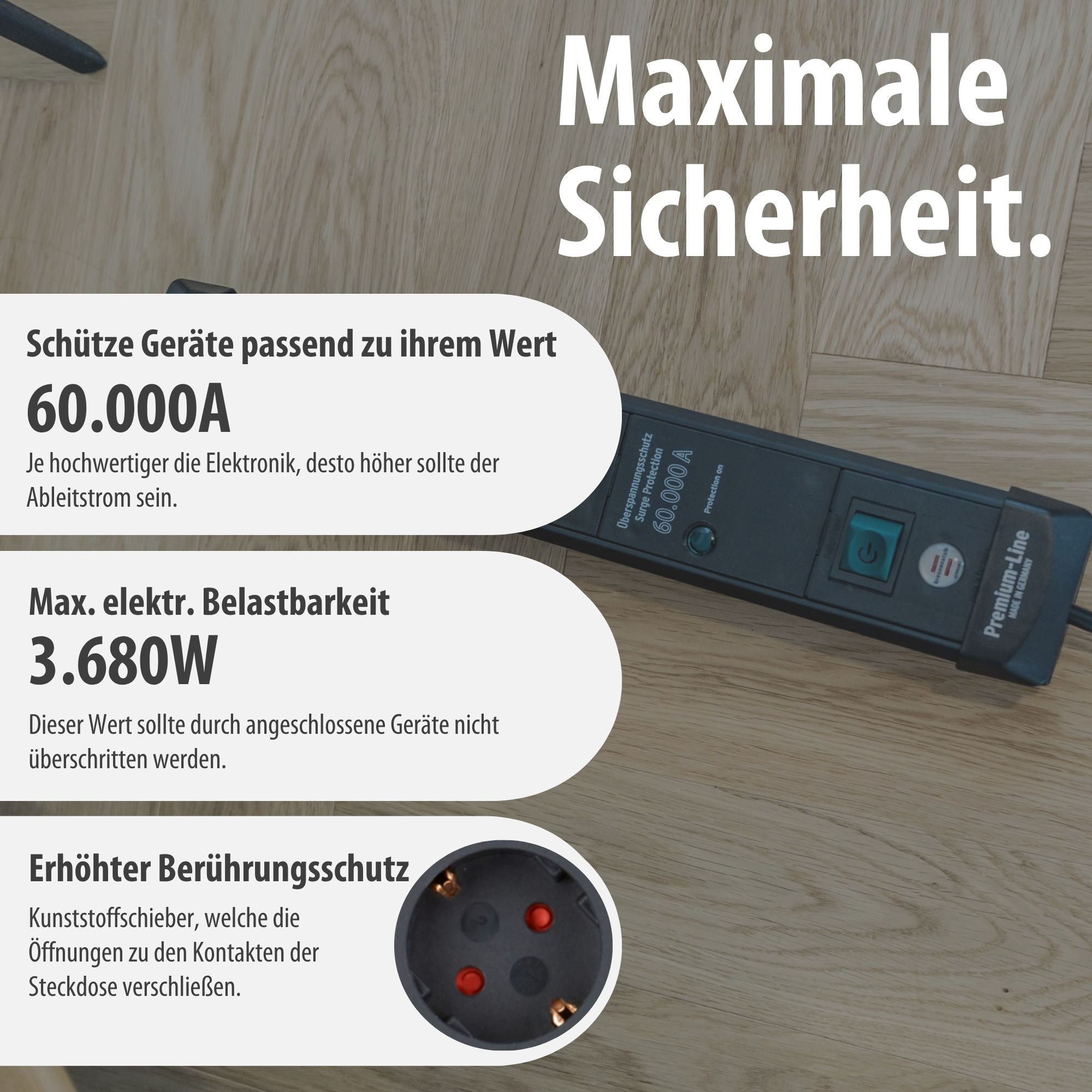 Überspannungsschutzleiste mit 60.000A Schutz, 3.680W Belastbarkeit und Kindersicherung.