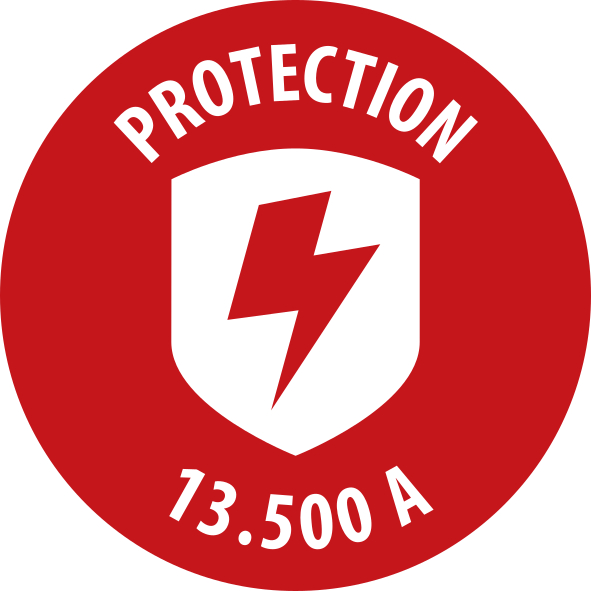Roter Kreis mit Schild und Blitz, Text: PROTECTION 73.500 A.