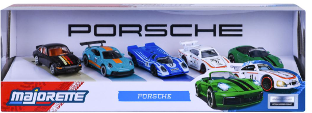 Sechs Porsche-Spielzeugautos in einer Schachtel: schwarz, blau, weiß, grün und türkis.